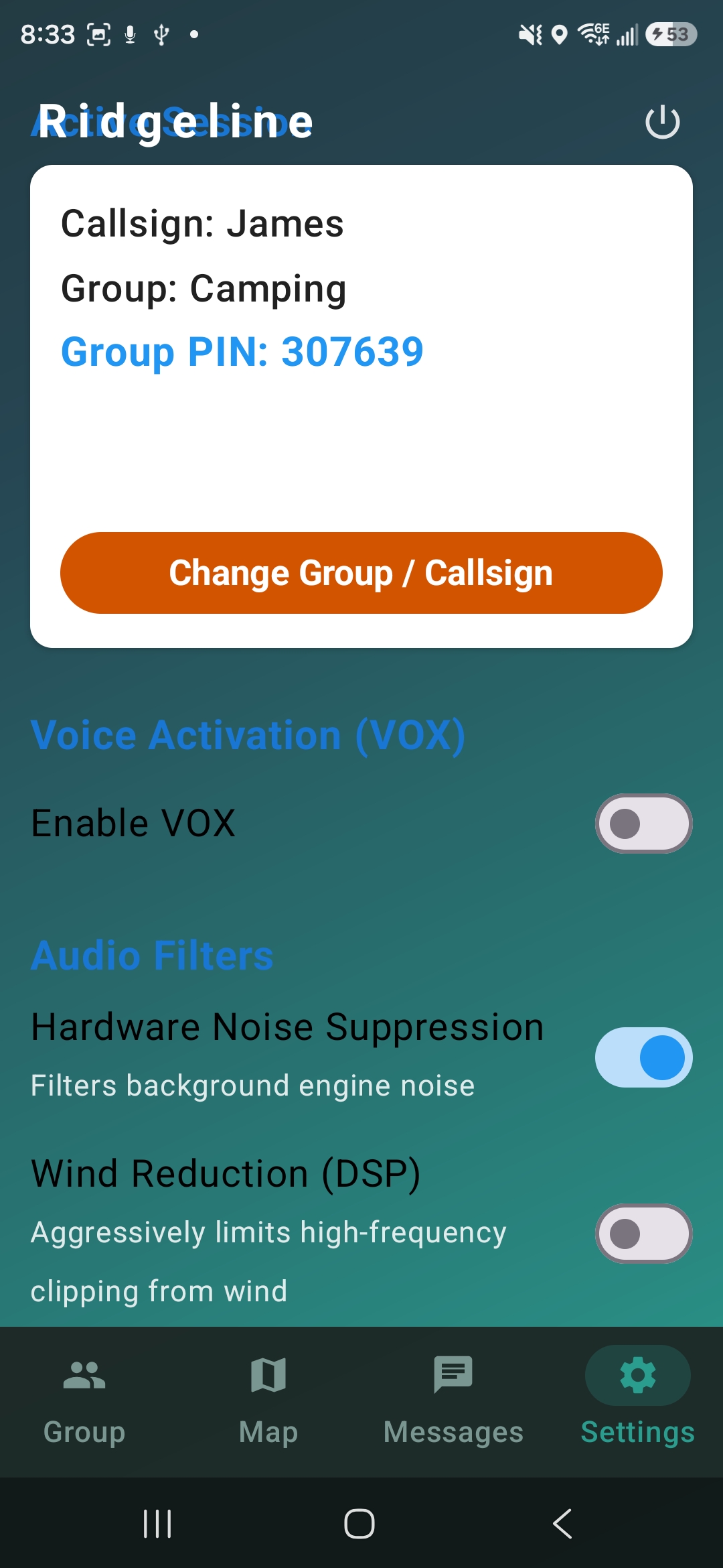 Ridgeline PTT settings screen showing callsign, group, and audio filters